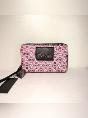Ed Hardy Pink Skull Print Wristlet Double Zip Wallet